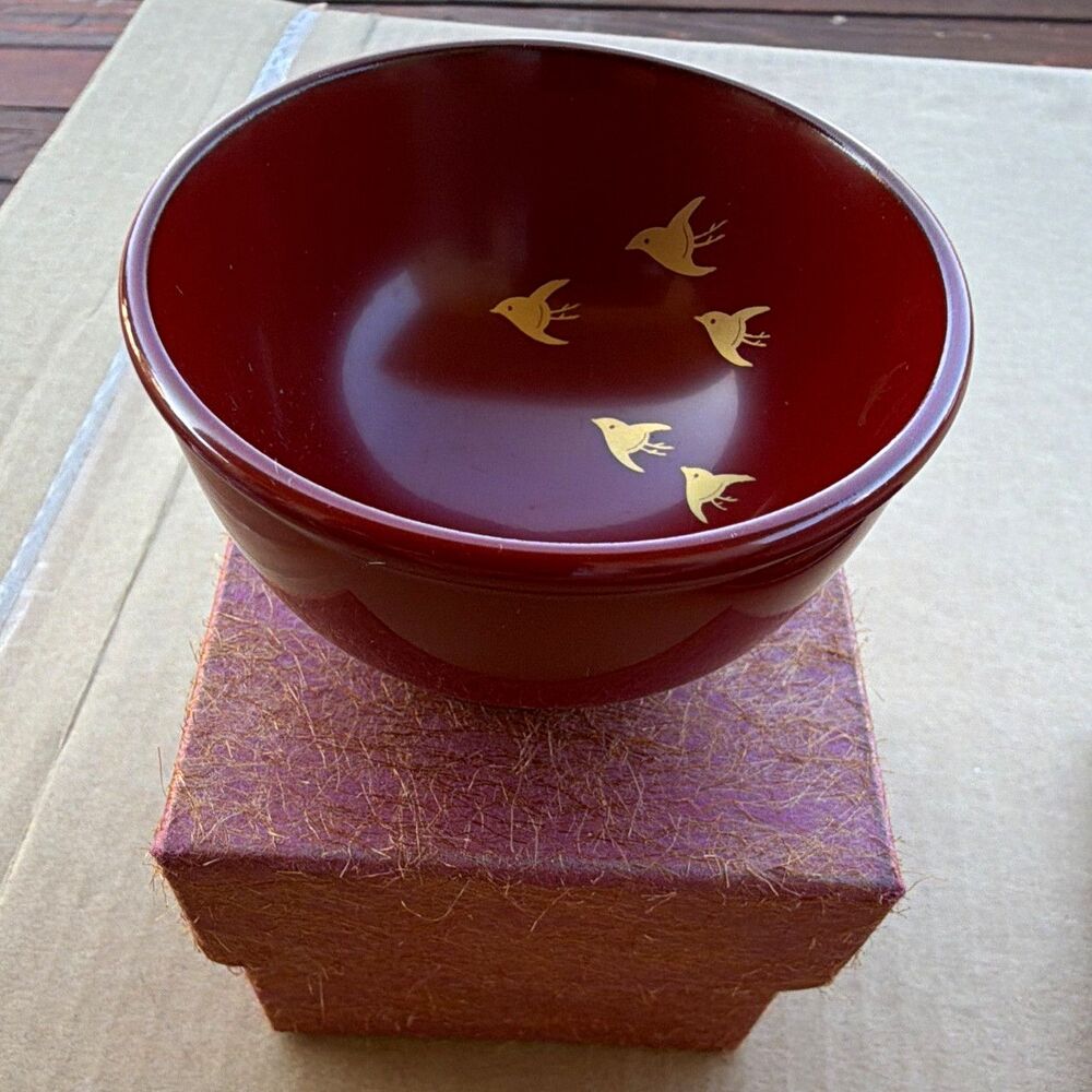 Japanese Lacquer Bowl Red with Gold Bird Design & Marking, Ownership History NA
